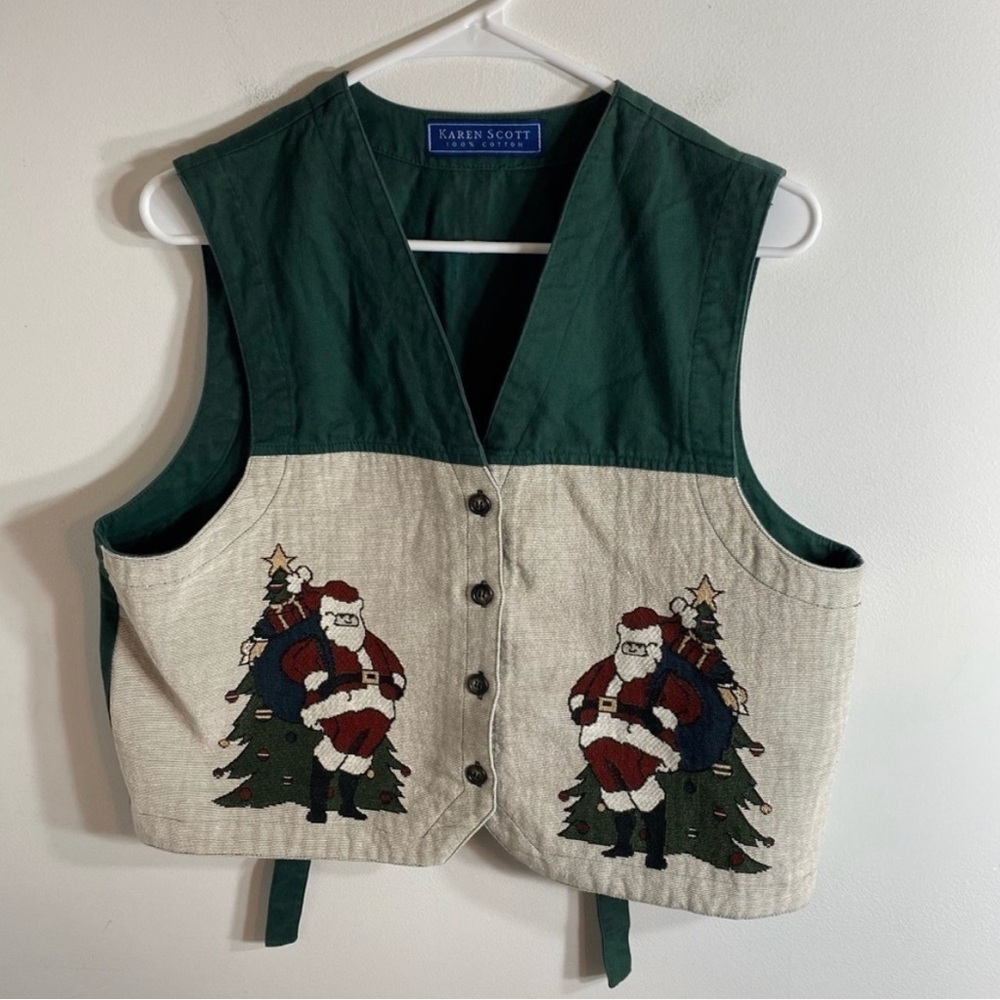 Vintage Karen Scott Christmas Vest Santa Embroidered Tree Women’s Green